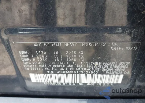 2012 Subaru Legacy 2.5I Limited из США, поврежденный, VIN 4S3BMBK61C3027902